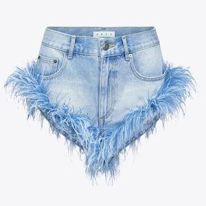 AREA NYC FRAYED DENIM FEATHER TRIM HOT SHORT - Size 8